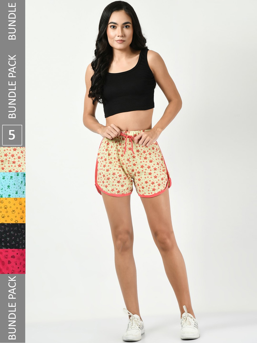 

BAESD Women Pack Of 5 Printed High-Rise Pure Cotton Shorts, Yellow