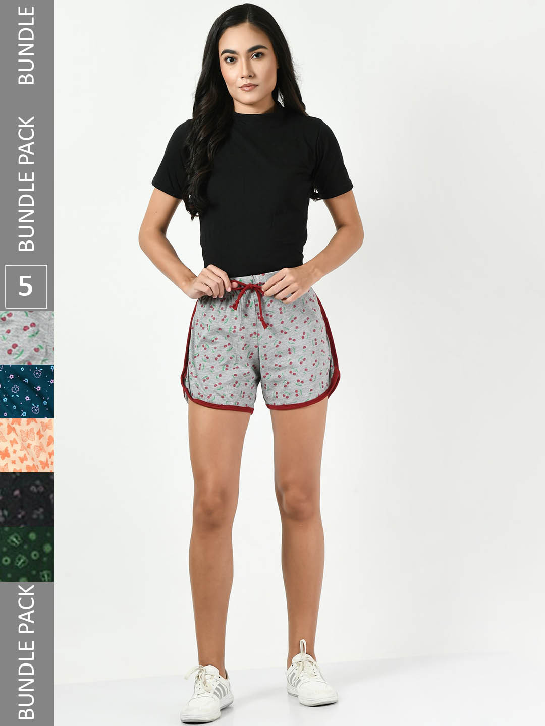 

BAESD Women Pack Of 5 Printed High-Rise Pure Cotton Shorts, Grey