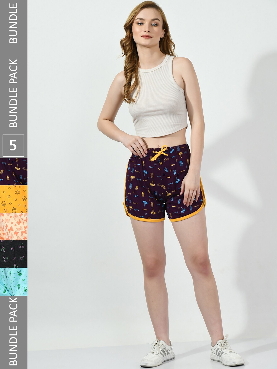 

BAESD Women Pack Of 5 Printed High-Rise Hot Pants, Purple