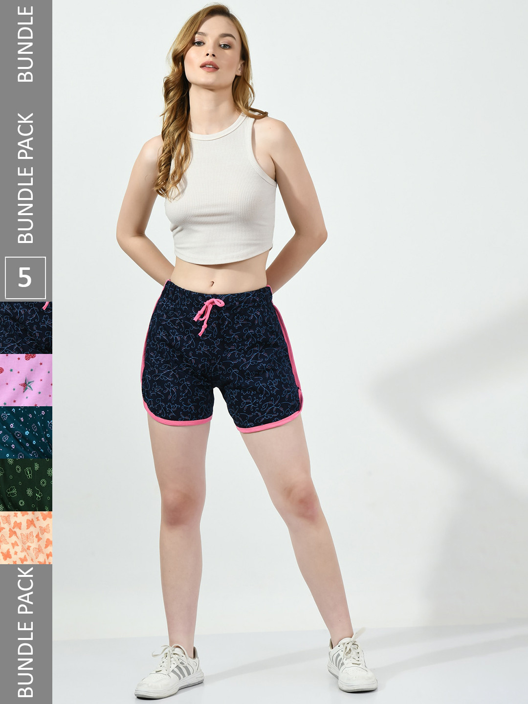 

BAESD Women Pack Of 5 Printed High-Rise Hot Pants, Navy blue