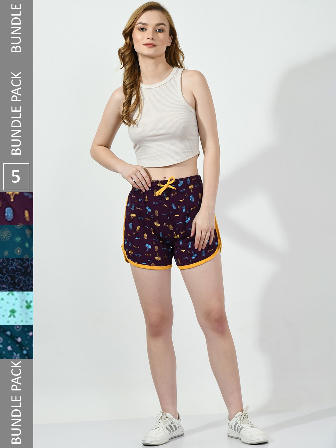 

BAESD Women Pack Of 5 Printed High-Rise Hot Pants, Purple