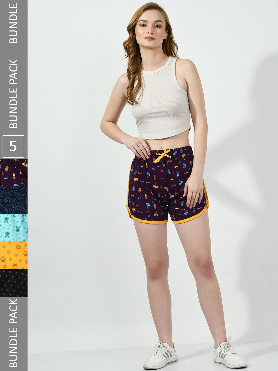 

BAESD Women Pack Of 5 Printed High-Rise Hot Pants, Purple