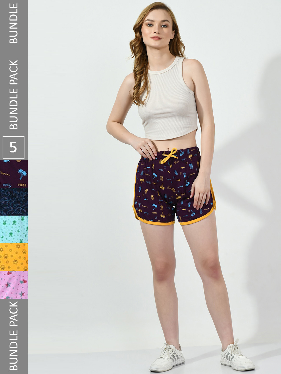

BAESD Women Pack Of 5 Printed High-Rise Hot Pants, Purple