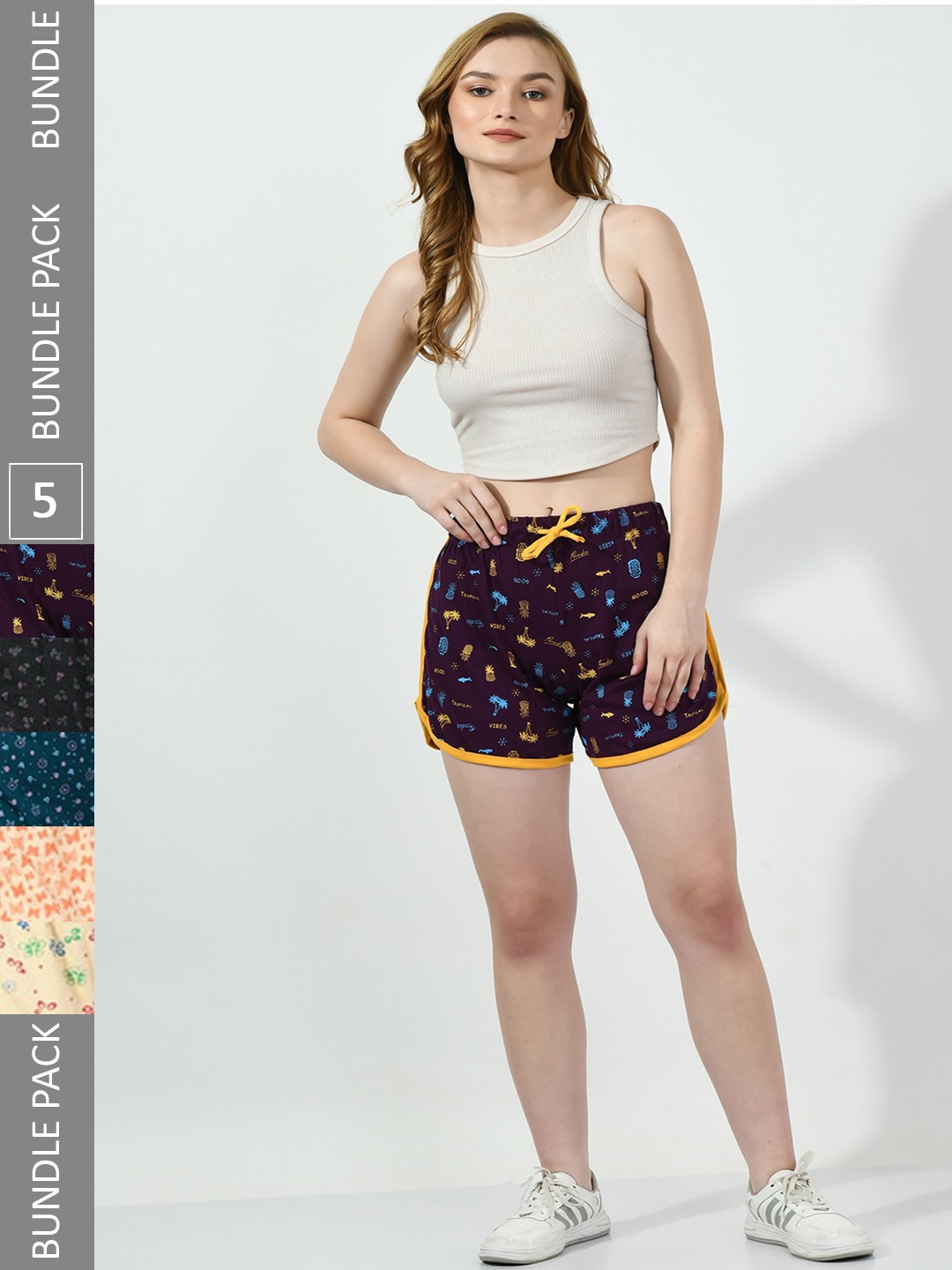 

BAESD Women Pack Of 5 Printed Pure Cotton Shorts, Purple