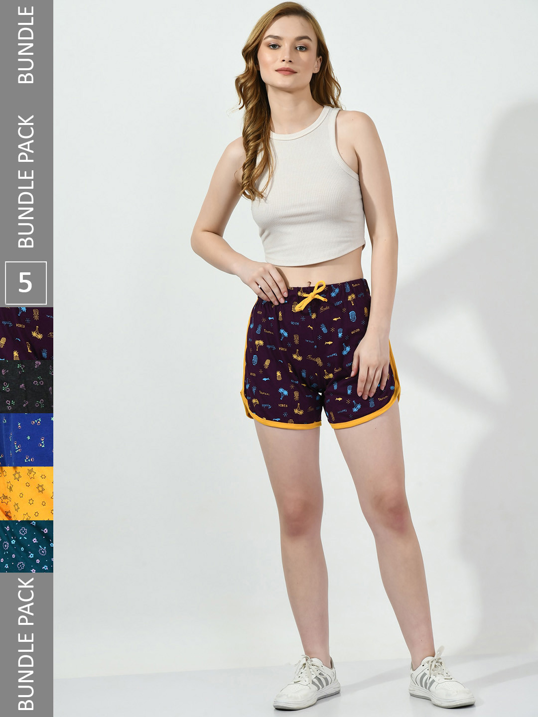 

BAESD Women Pack Of 5 Printed Pure Cotton Shorts, Purple