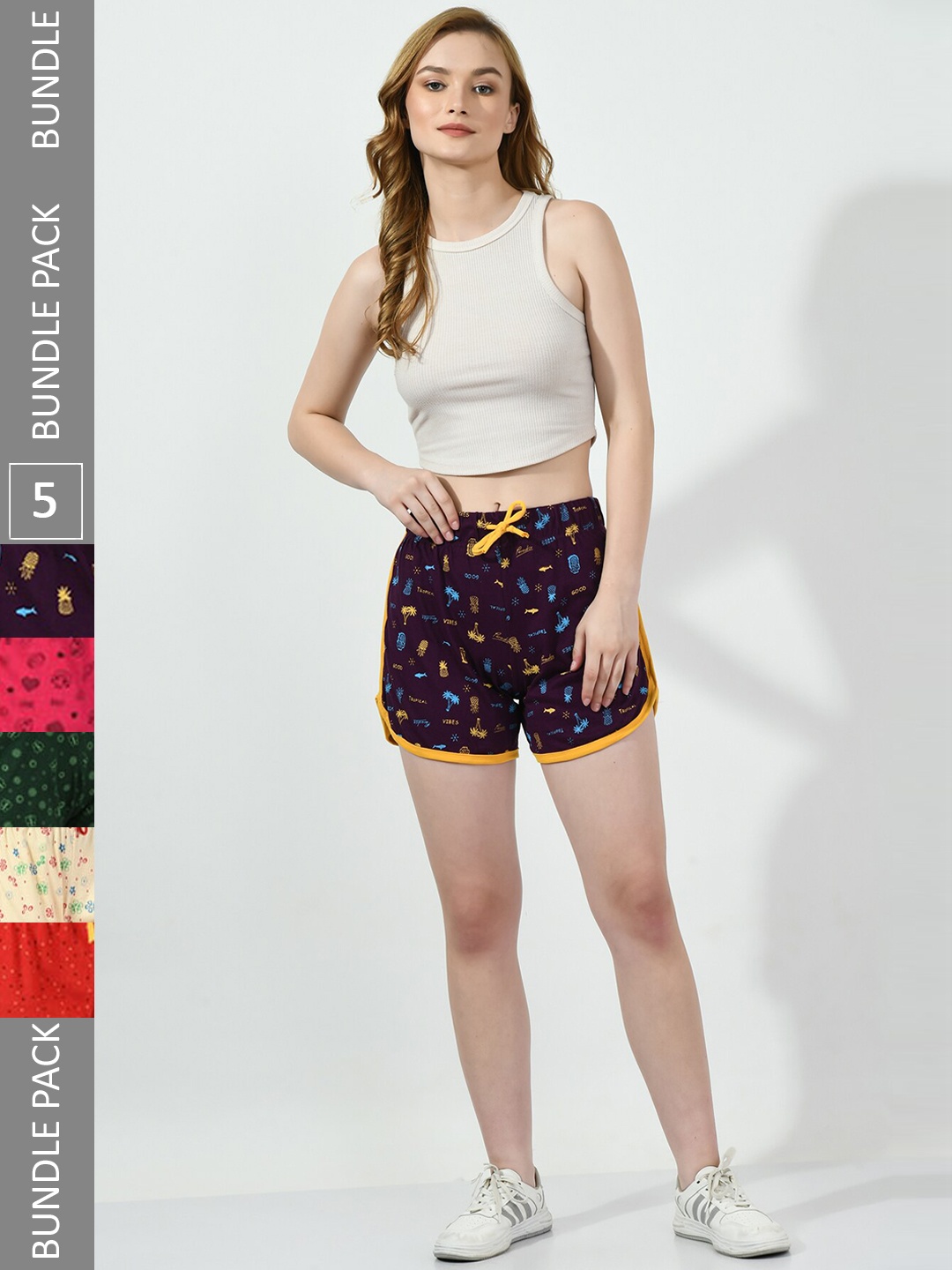 

BAESD Women Pack Of 5 Conversational Printed High-Rise Pure Cotton Shorts, Maroon