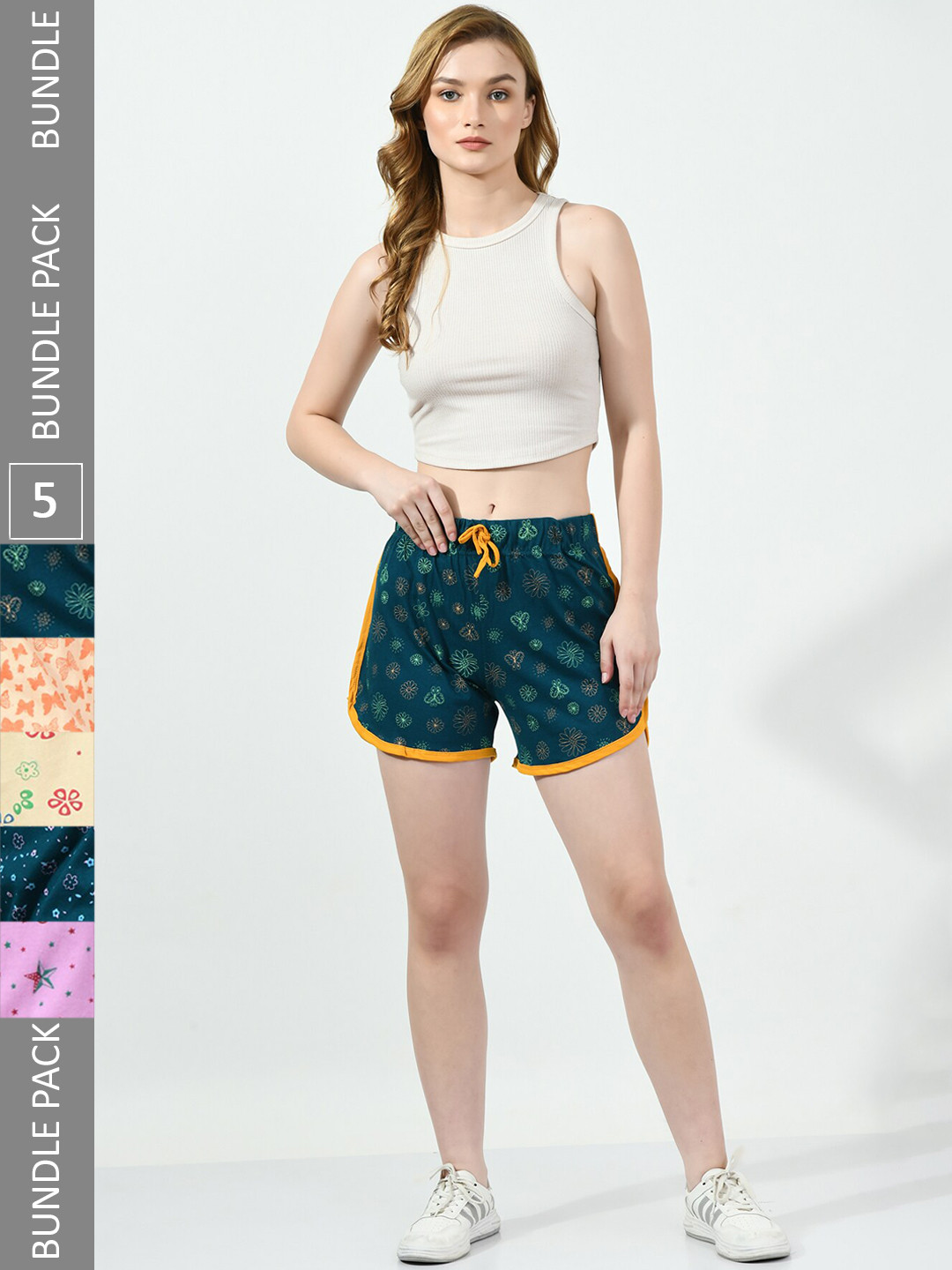 

BAESD Women Pack Of 5 Conversational Printed High-Rise Pure Cotton Shorts, Teal