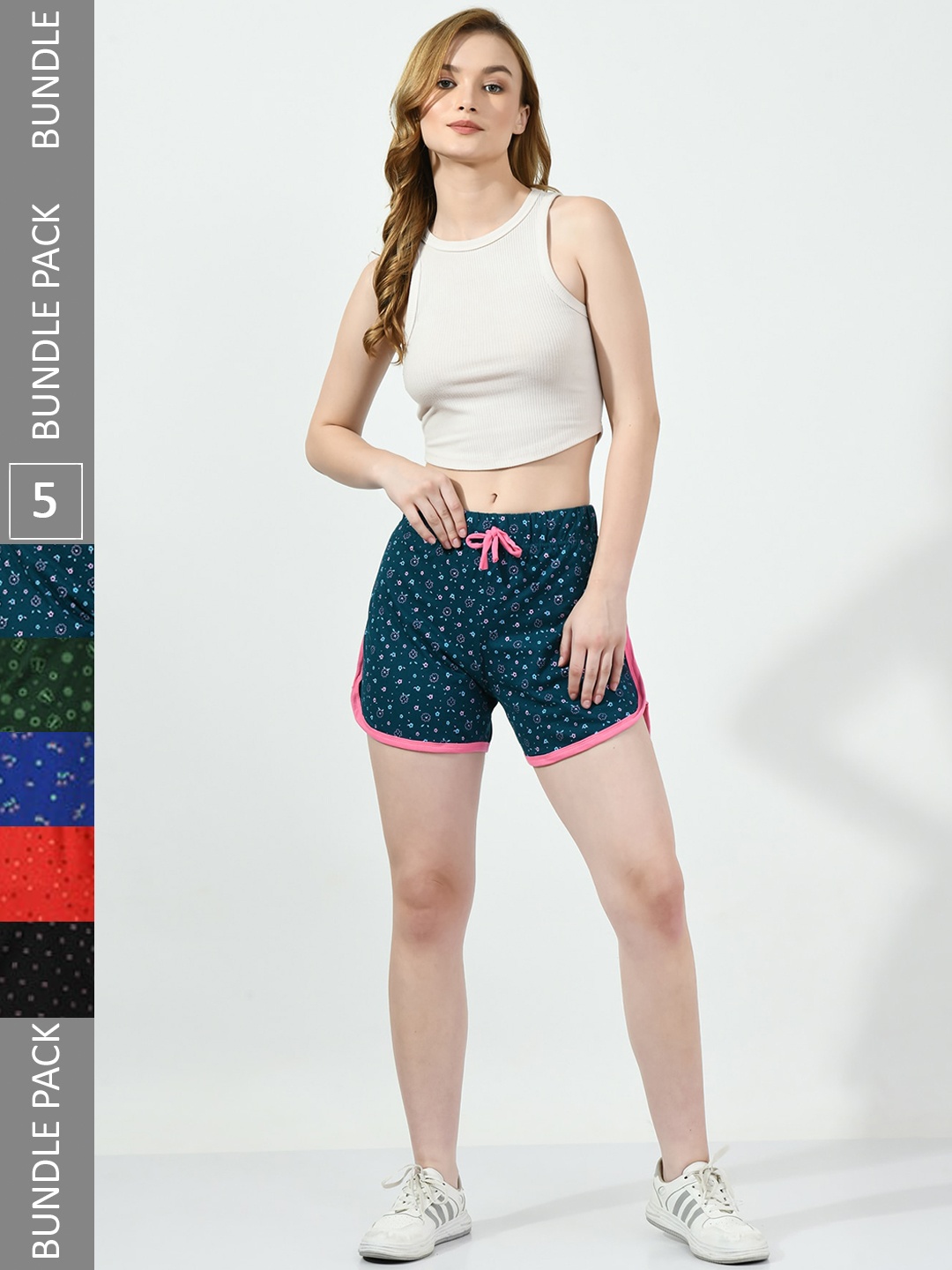 

BAESD Women Pack Of 5 Conversational Printed High-Rise Pure Cotton Shorts, Teal