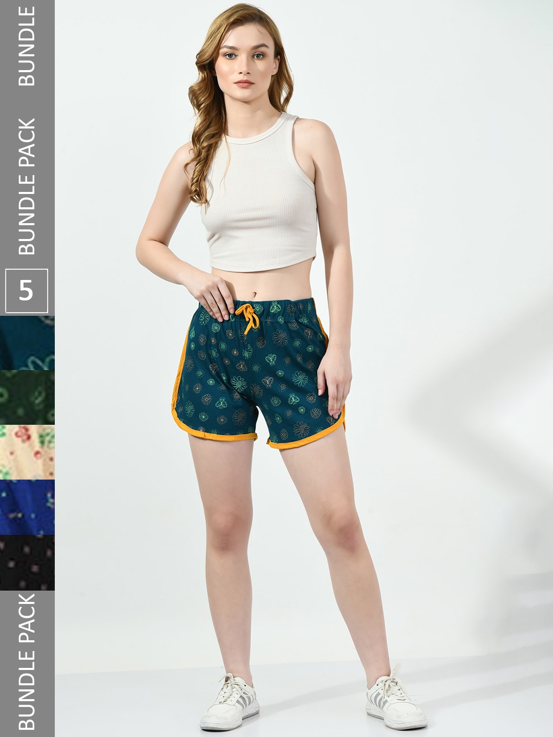 

BAESD Women Pack Of 5 Conversational Printed High-Rise Pure Cotton Shorts, Teal