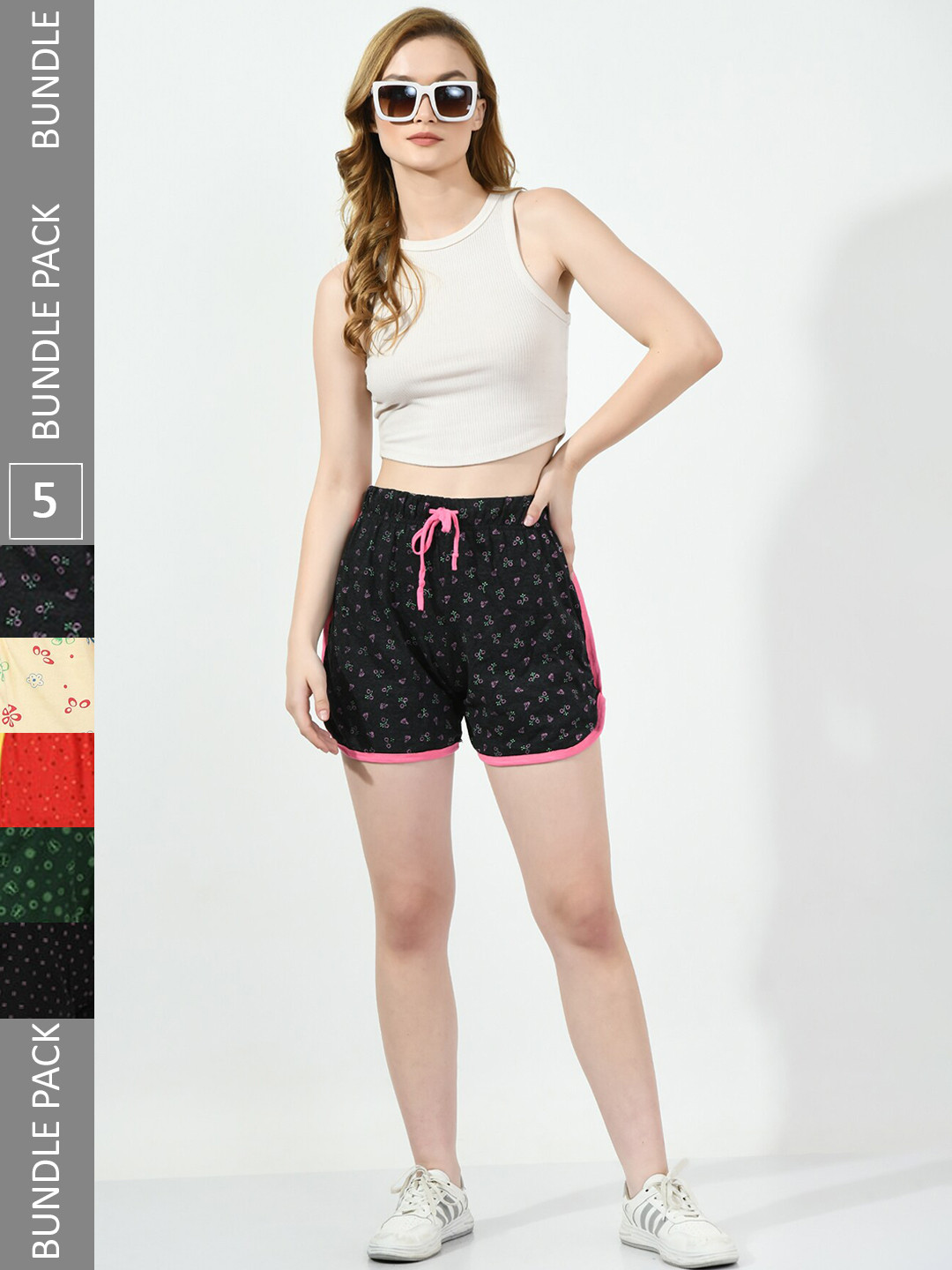 

BAESD Women Pack Of 5 Conversational Printed High-Rise Pure Cotton Shorts, Black