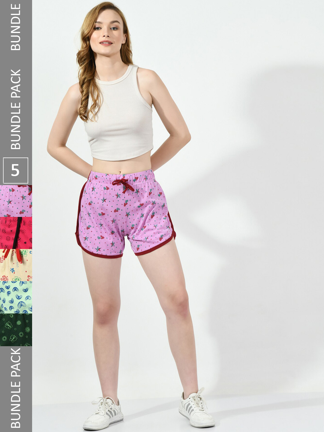 

BAESD Women Pack Of 5 Printed Pure Cotton High-Rise Shorts, Purple