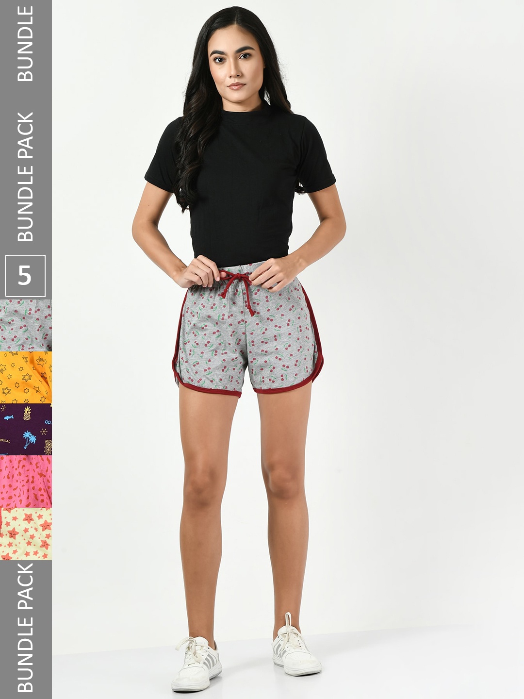 

BAESD Women Pack Of 5 Printed Pure Cotton High-Rise Shorts, Grey