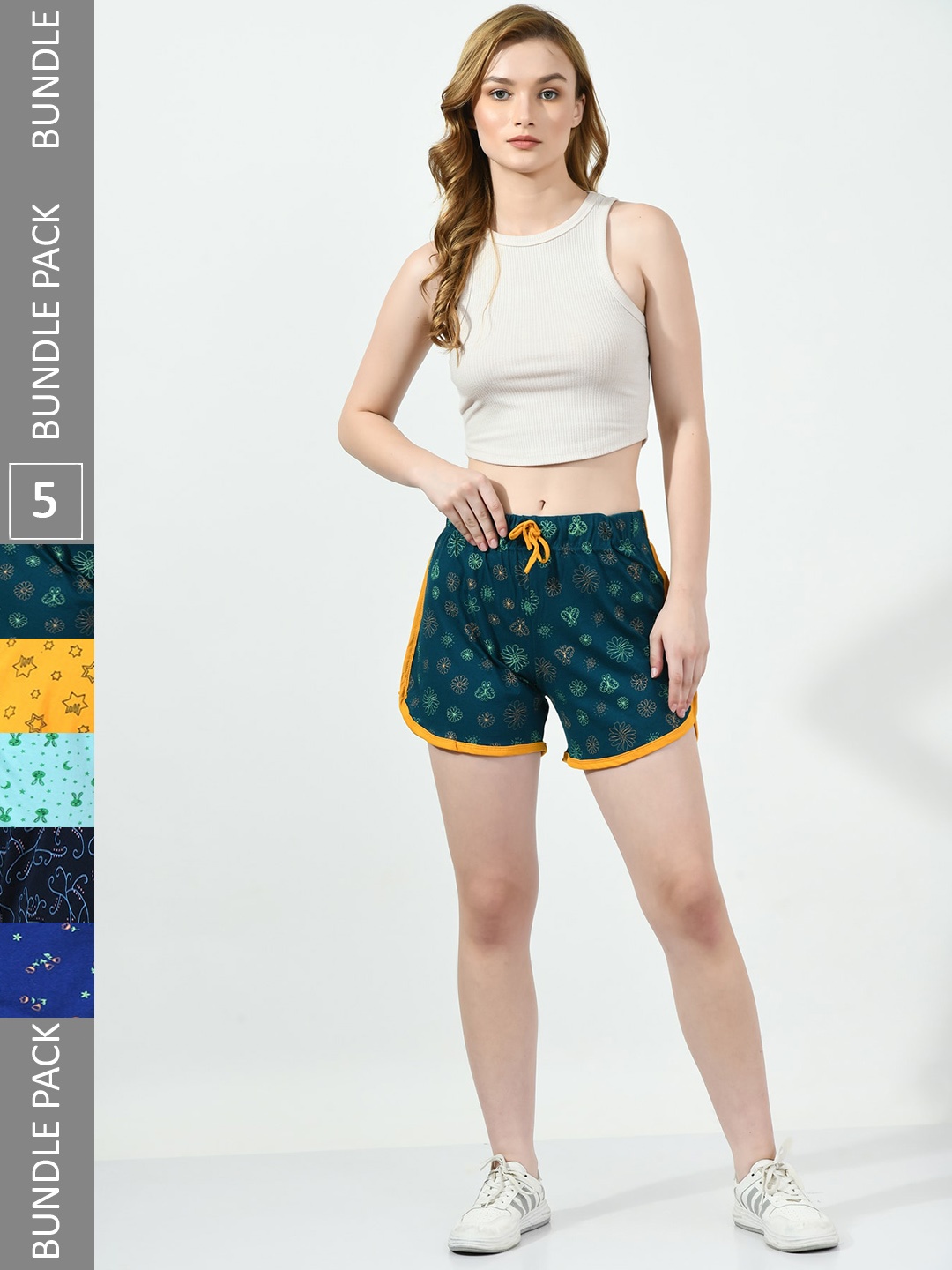 

BAESD Women Pack Of 5 Printed Pure Cotton High-Rise Shorts, Green