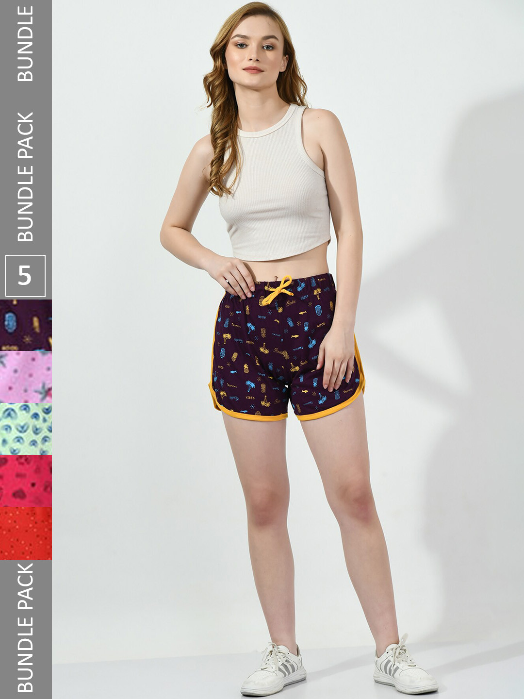 

BAESD Women Pack Of 5 Printed Pure Cotton High-Rise Shorts, Maroon