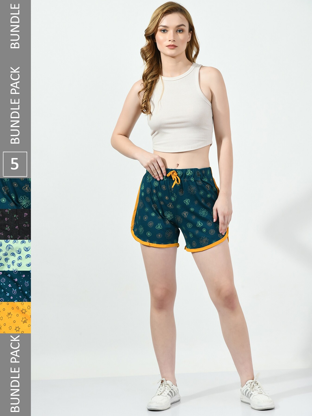 

BAESD Women Pack Of 5 Printed Pure Cotton High-Rise Shorts, Green