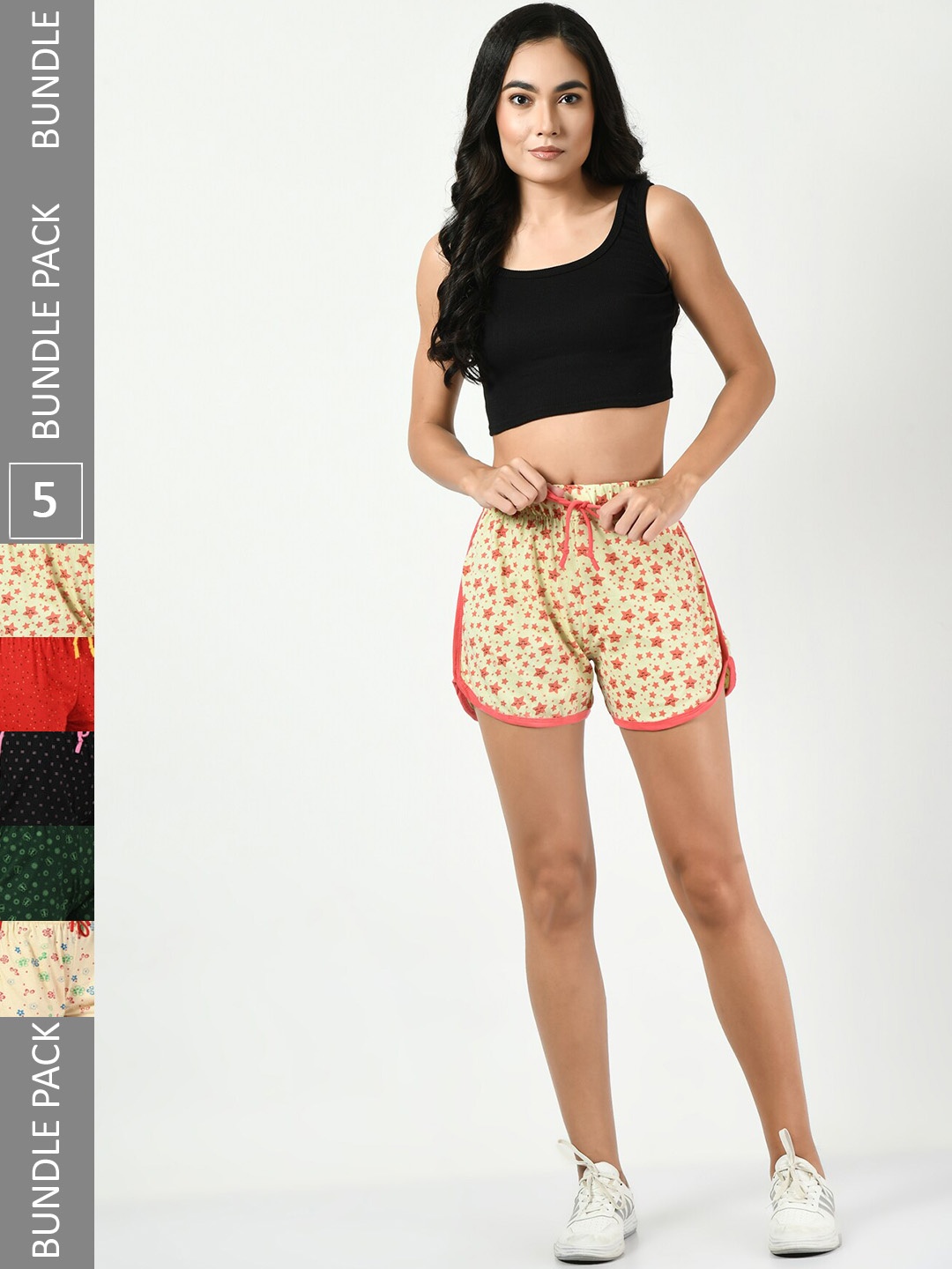 

BAESD Women Pack Of 5 Printed Pure Cotton High-Rise Shorts, Cream