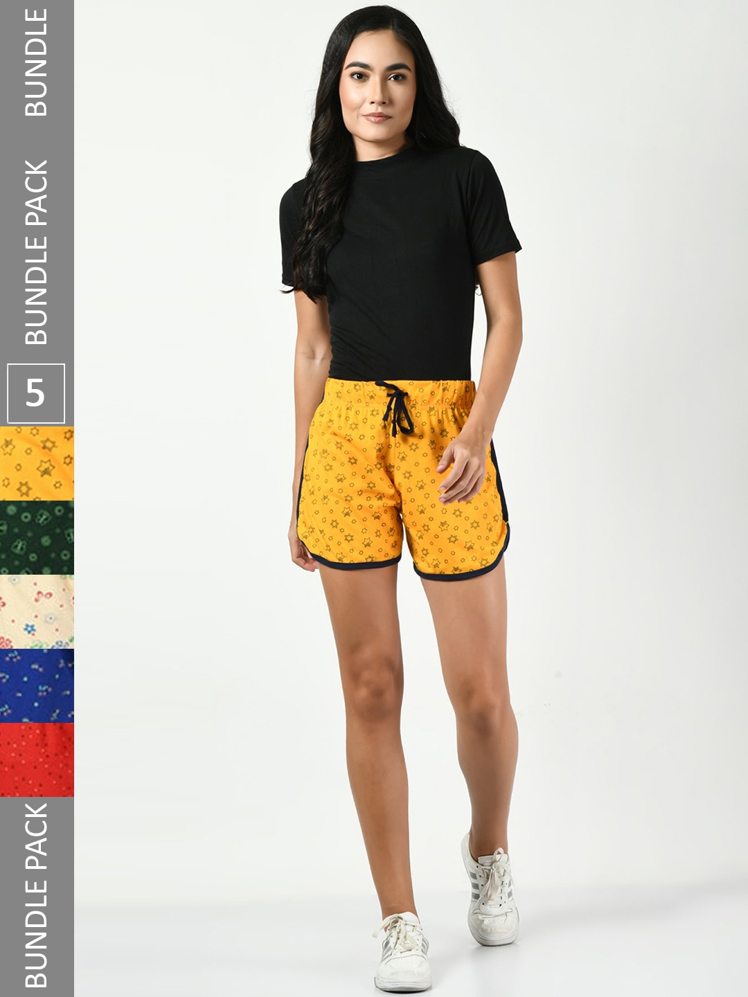 

BAESD Women Pack Of 5 Conversational Printed High-Rise Pure Cotton Regular Shorts, Mustard