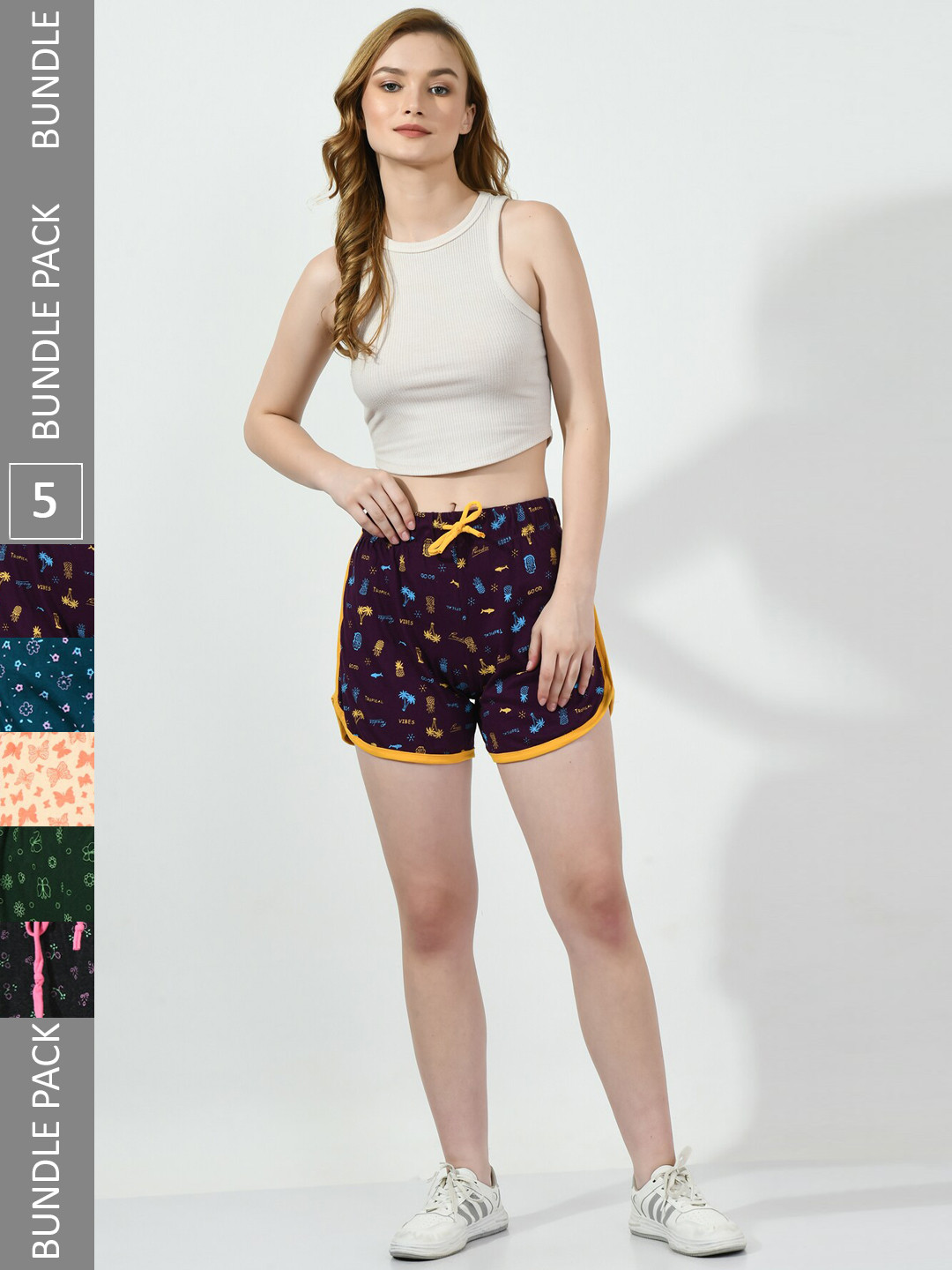 

BAESD Women Pack Of 5 Conversational Printed High-Rise Pure Cotton Regular Shorts, Violet