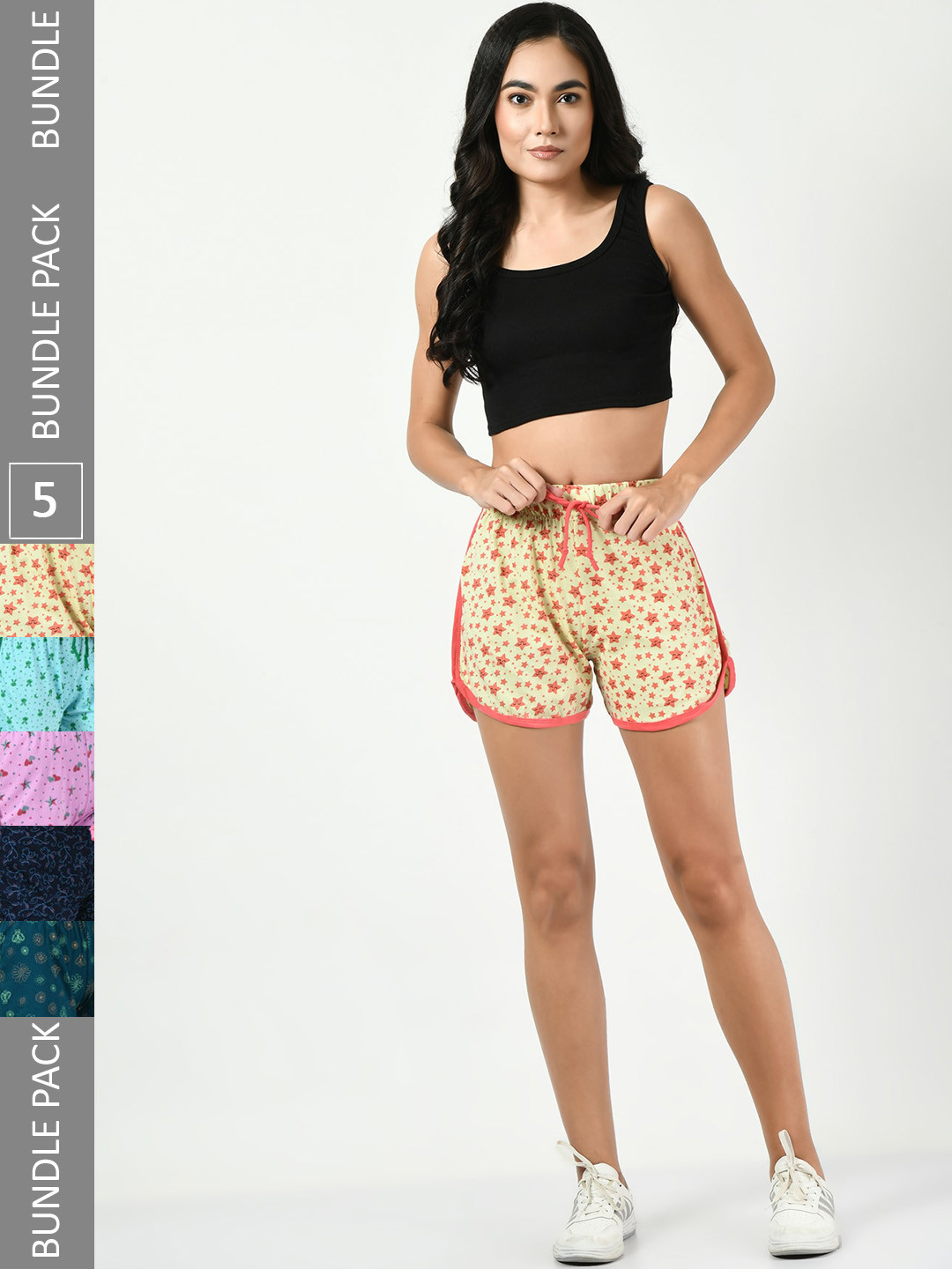 

BAESD Women Pack Of 5 Conversational Printed High-Rise Pure Cotton Regular Shorts, Yellow