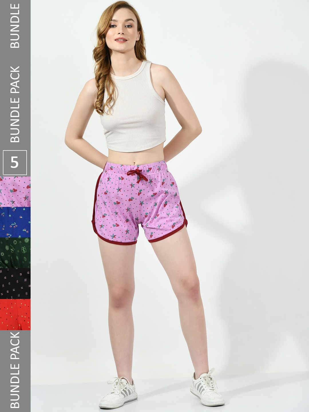 

BAESD Women Pack Of 5 Conversational Printed High-Rise Pure Cotton Regular Shorts, Lavender