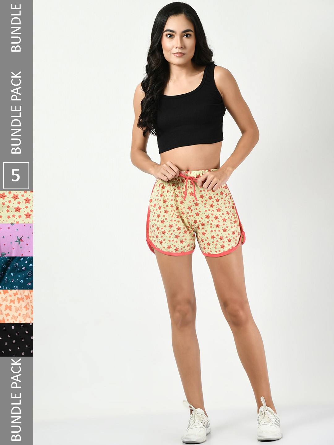 

BAESD Women Pack Of 5 Printed Pure Cotton Shorts, Yellow