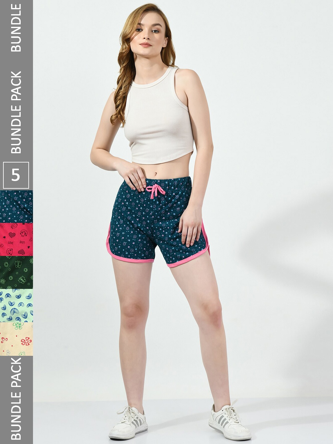 

BAESD Women Pack Of 5 Printed Pure Cotton Shorts, Green