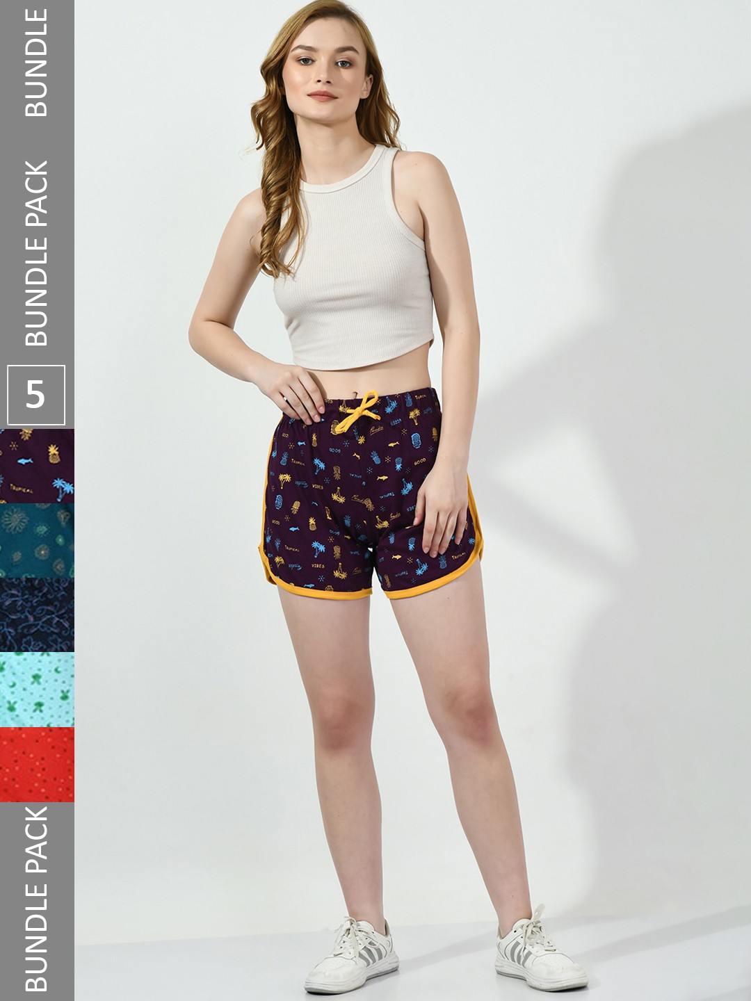 

BAESD Women Pack Of 5 Printed Pure Cotton Shorts, Purple