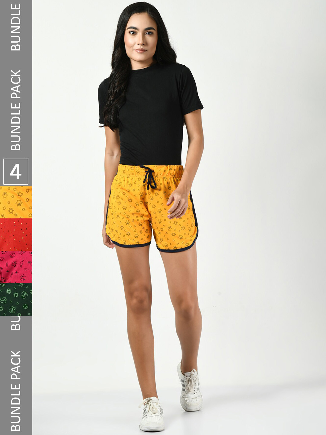 

BAESD Women Pack Of 4 Printed Pure Cotton Shorts, Yellow