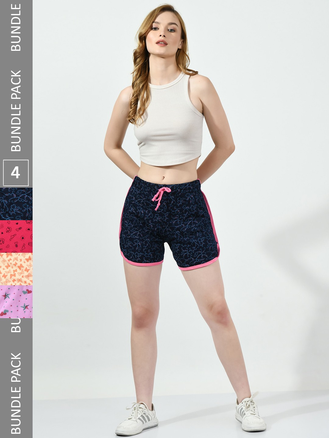 

BAESD Women Pack Of 4 Printed Pure Cotton Shorts, Navy blue
