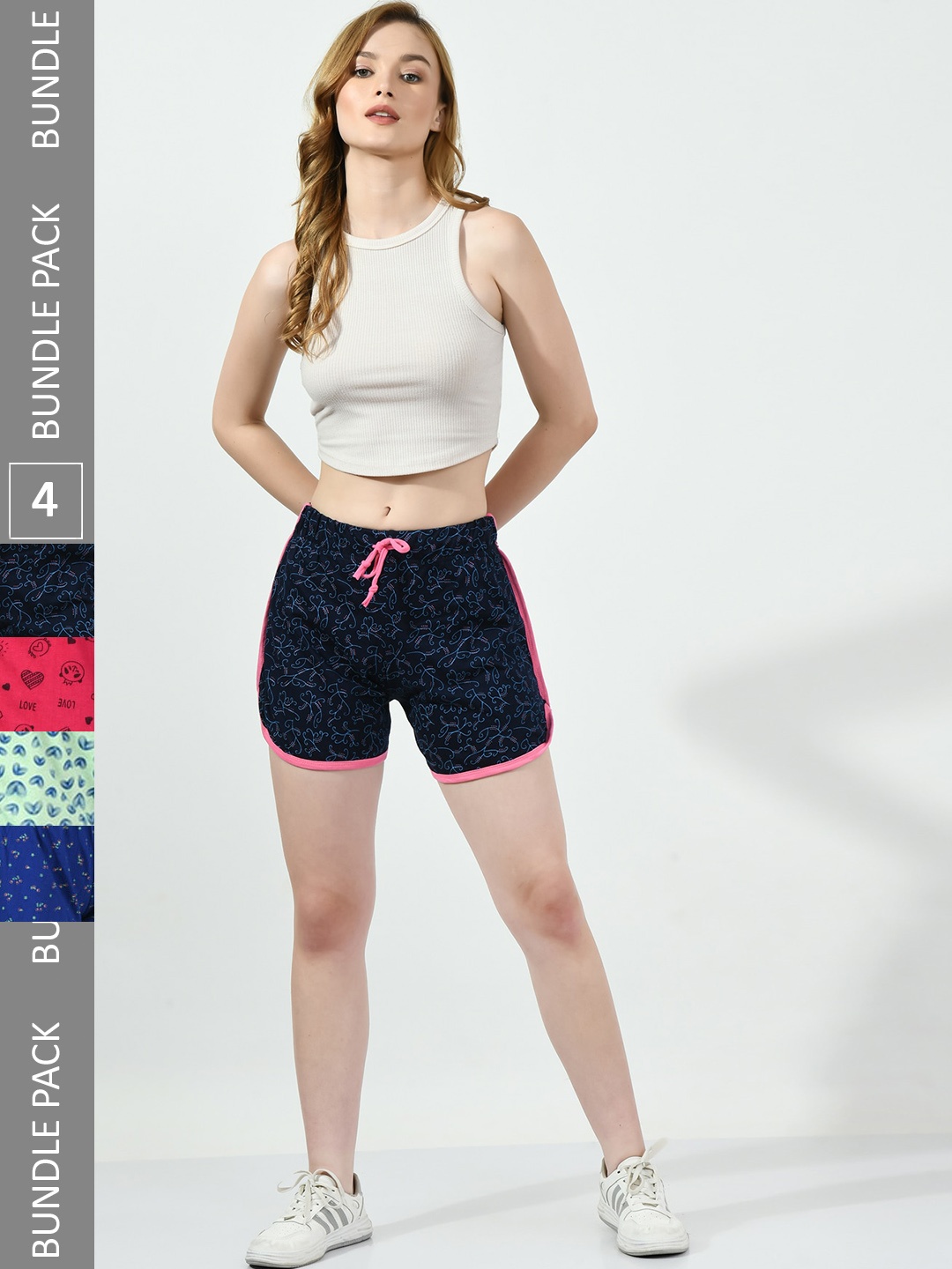 

BAESD Women Pack Of 4 Printed Pure Cotton Shorts, Navy blue
