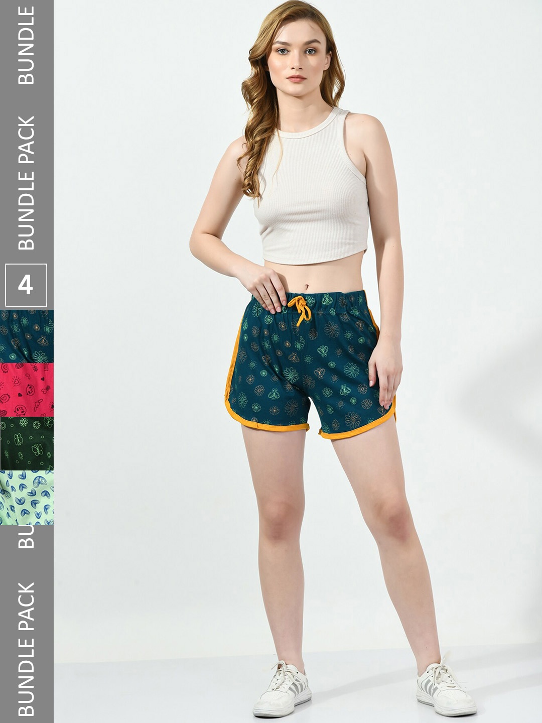 

BAESD Women Pack Of 4 Printed High-Rise Pure Cotton Shorts, Teal