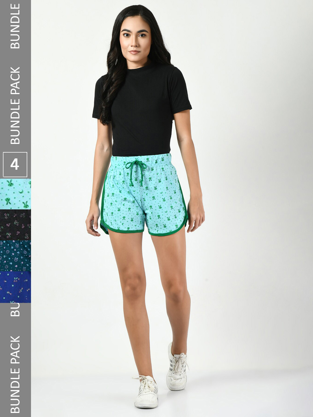 

BAESD Women Pack Of 4 Printed High-Rise Pure Cotton Shorts, Blue