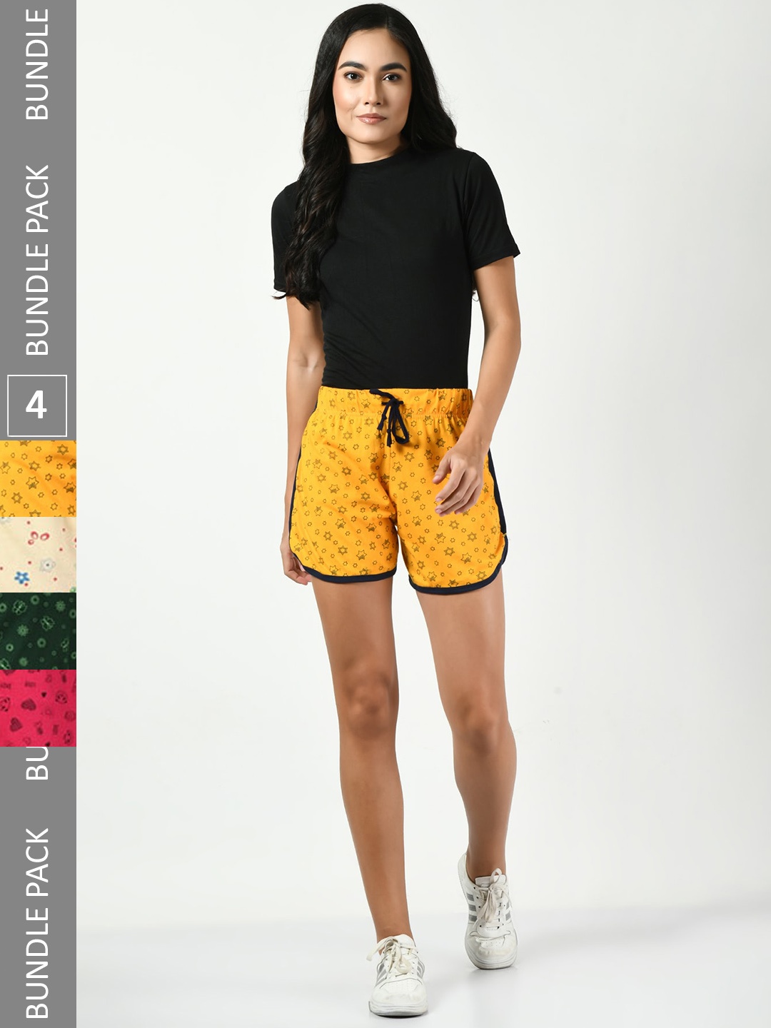 

BAESD Women Pack Of 4 Printed High-Rise Pure Cotton Shorts, Yellow