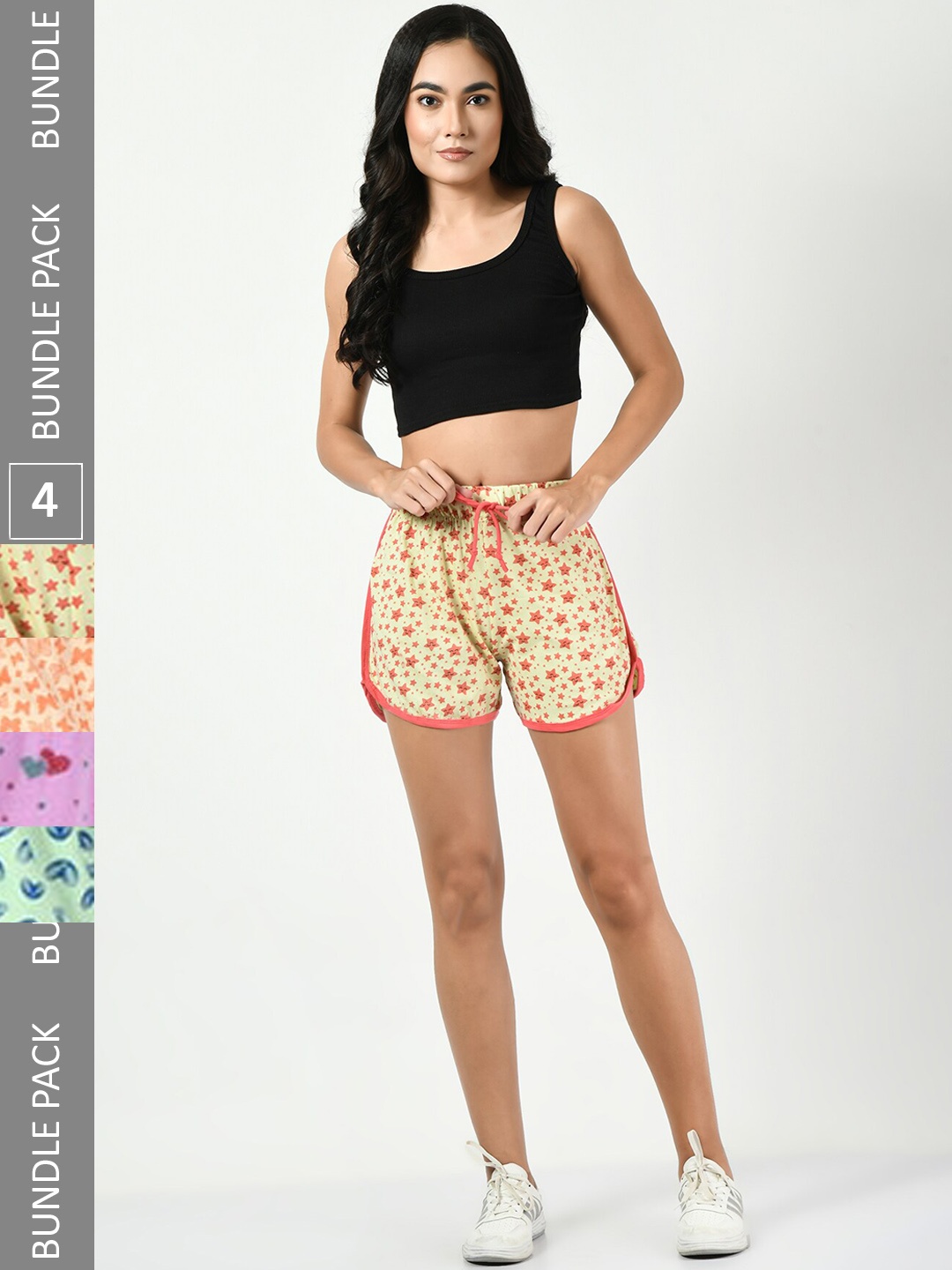 

BAESD Women Pack Of 4 Printed High-Rise Pure Cotton Shorts, Yellow