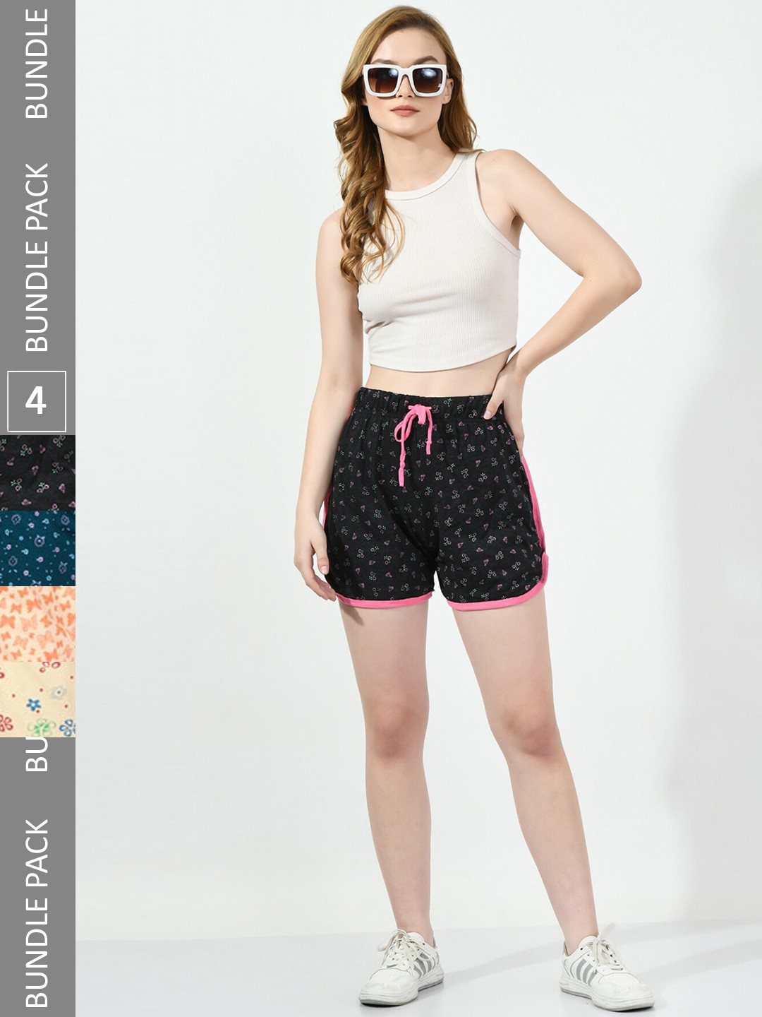 

BAESD Women Pack Of 4 Printed High-Rise Pure Cotton Shorts, Navy blue