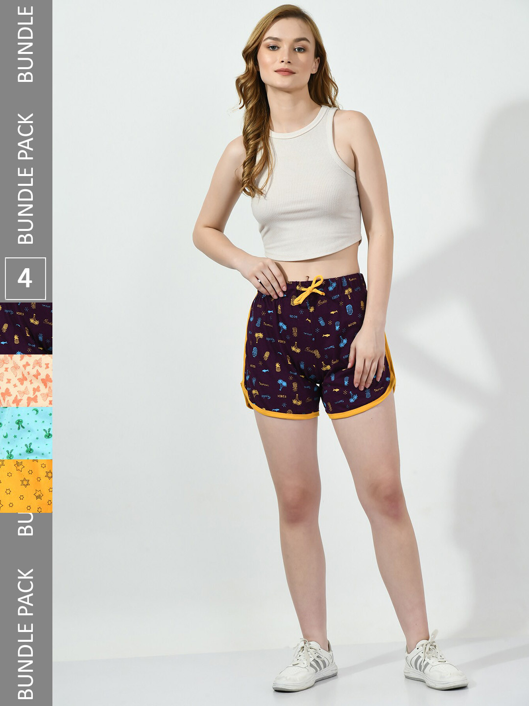 

BAESD Women Pack Of 4 Printed Cotton High-Rise Shorts, Purple