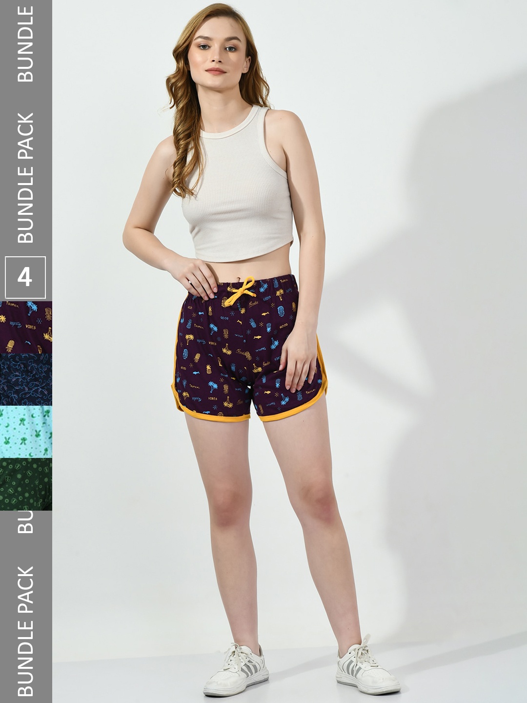 

BAESD Women Pack Of 4 Printed Cotton High-Rise Shorts, Purple