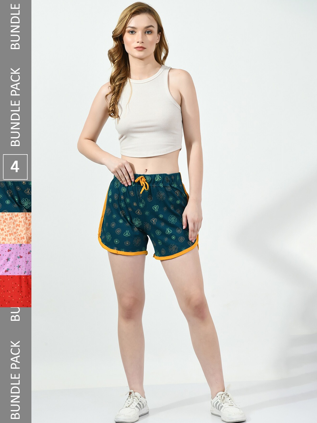 

BAESD Women Pack Of 4 Printed High-Rise Pure Cotton Hot Pants, Green
