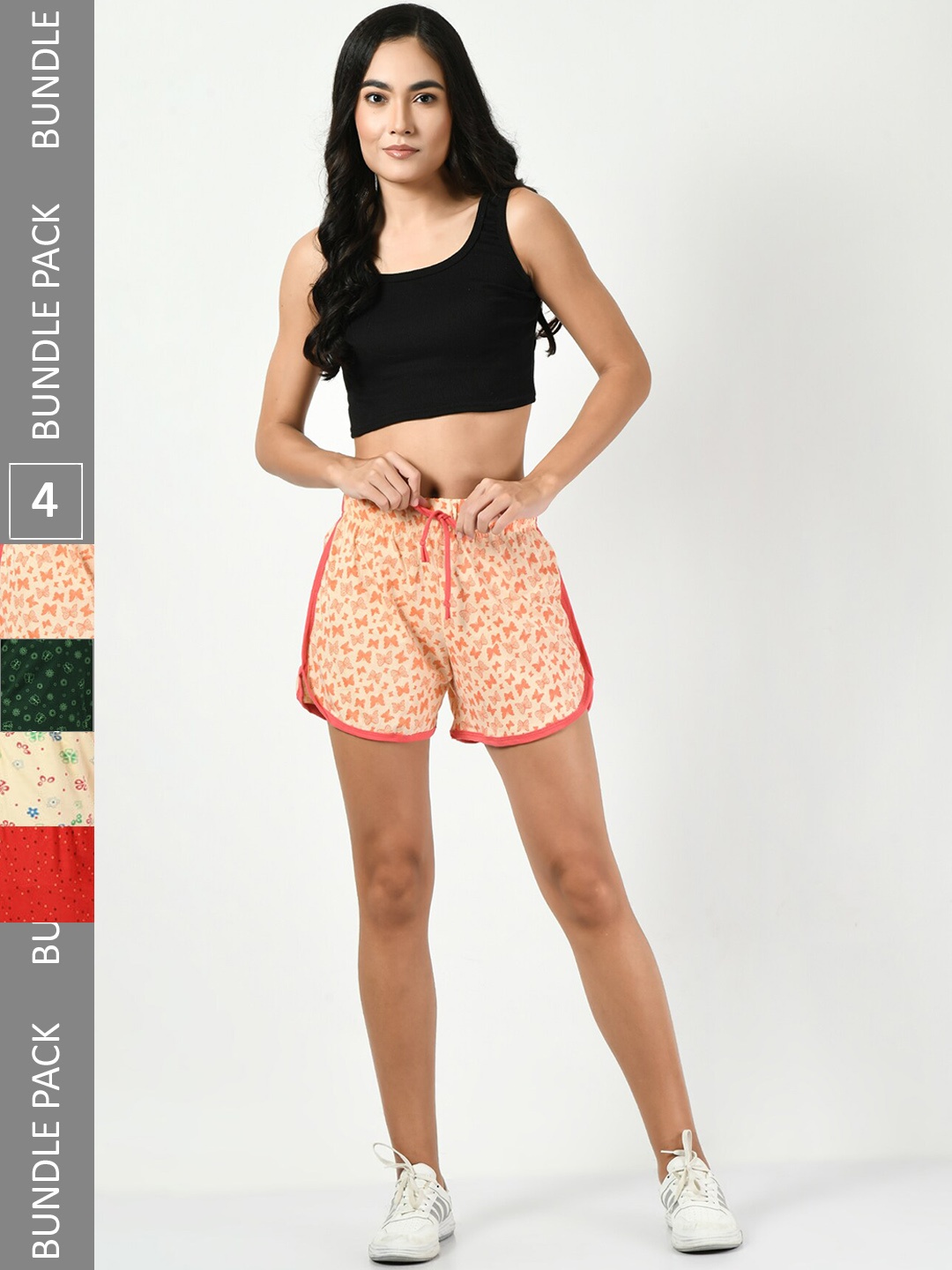 

BAESD Women Pack Of 4 Printed Cotton High-Rise Shorts, Peach
