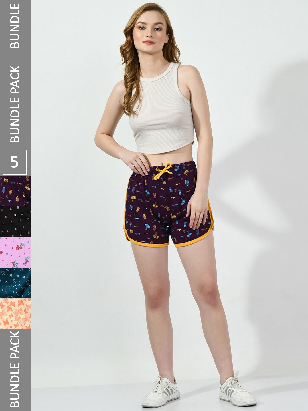 

BAESD Pack Of 5 Printed Cotton High-Rise Shorts, Purple