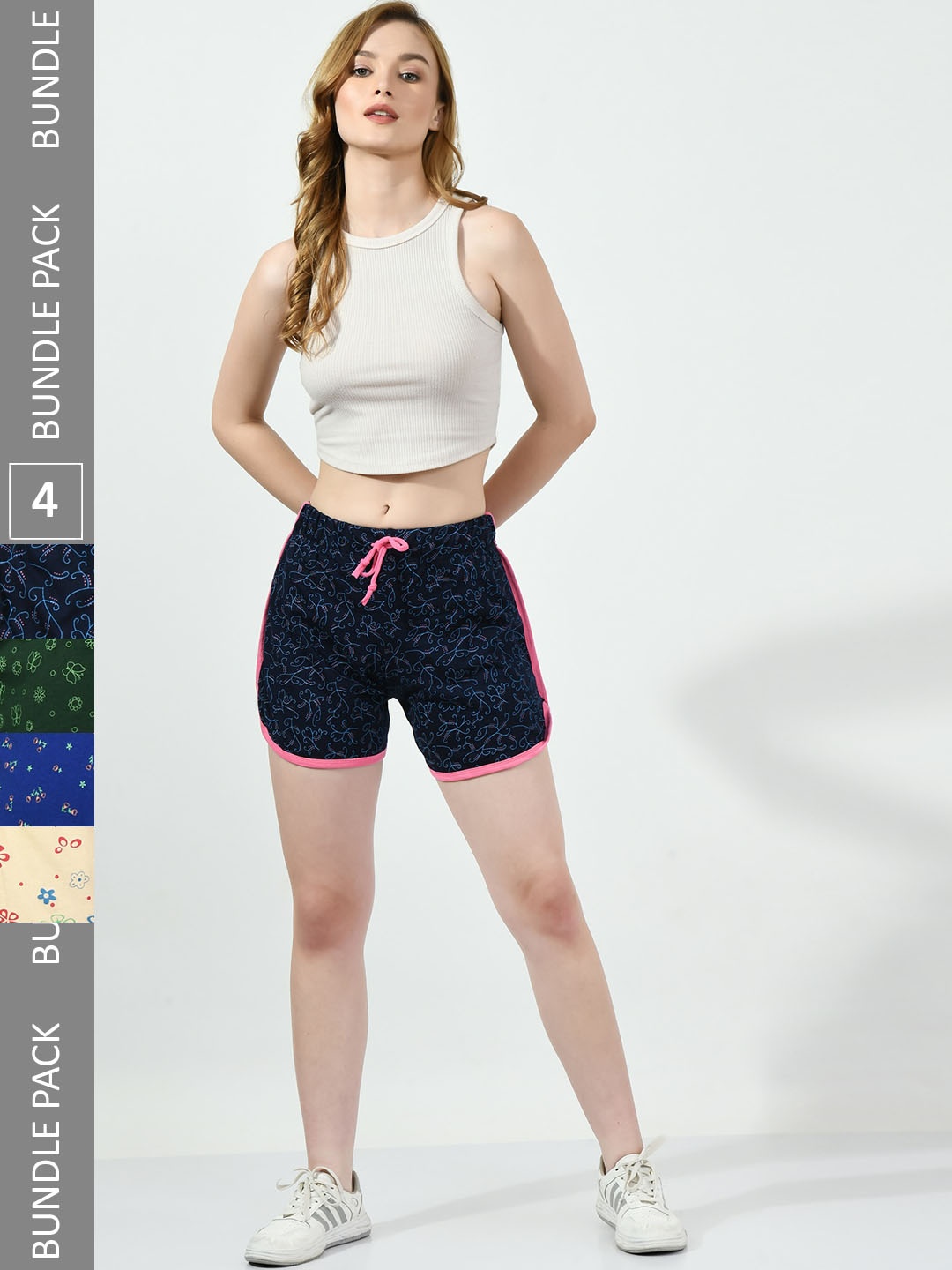 

BAESD Women Pack of 4 Conversational Printed High-Rise Pure Cotton Regular Shorts, Navy blue