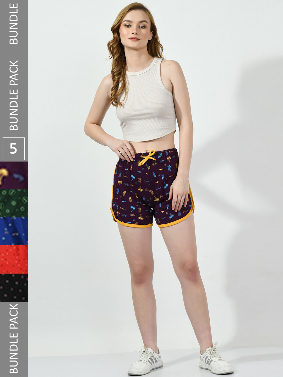 

BAESD Women Pack of 5 Conversational Printed High-Rise Pure Cotton Regular Shorts, Purple