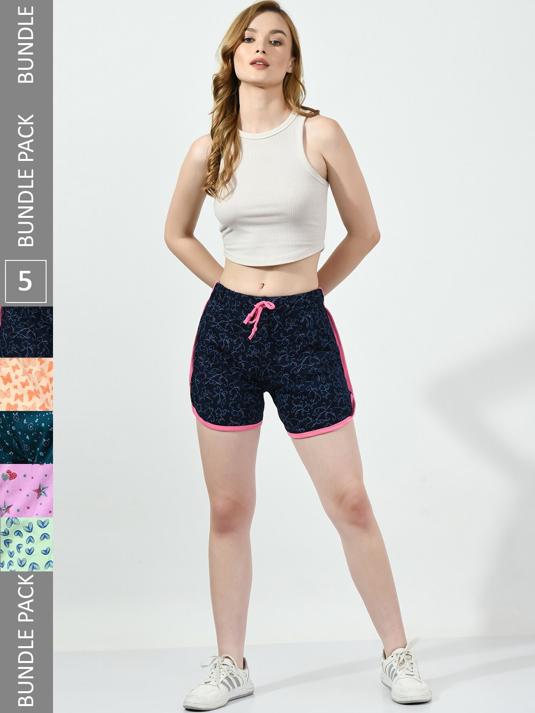 

BAESD Women Pack of 5 Conversational Printed High-Rise Pure Cotton Regular Shorts, Navy blue