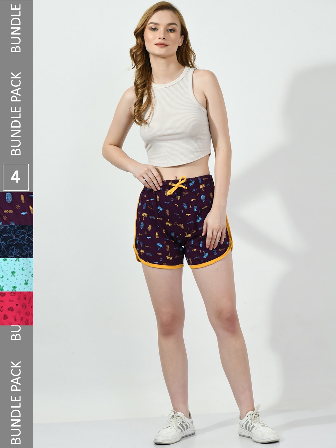 

BAESD Women Pack Of 4 Conversational Printed Pure Cotton High-Rise Shorts, Maroon