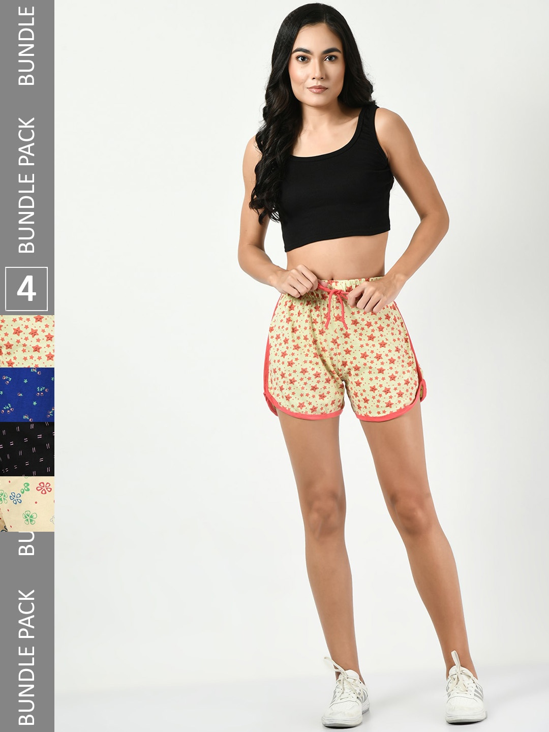 

BAESD Women Pack Of 4 Printed High-Rise Pure Cotton Hot Pants Shorts, Yellow