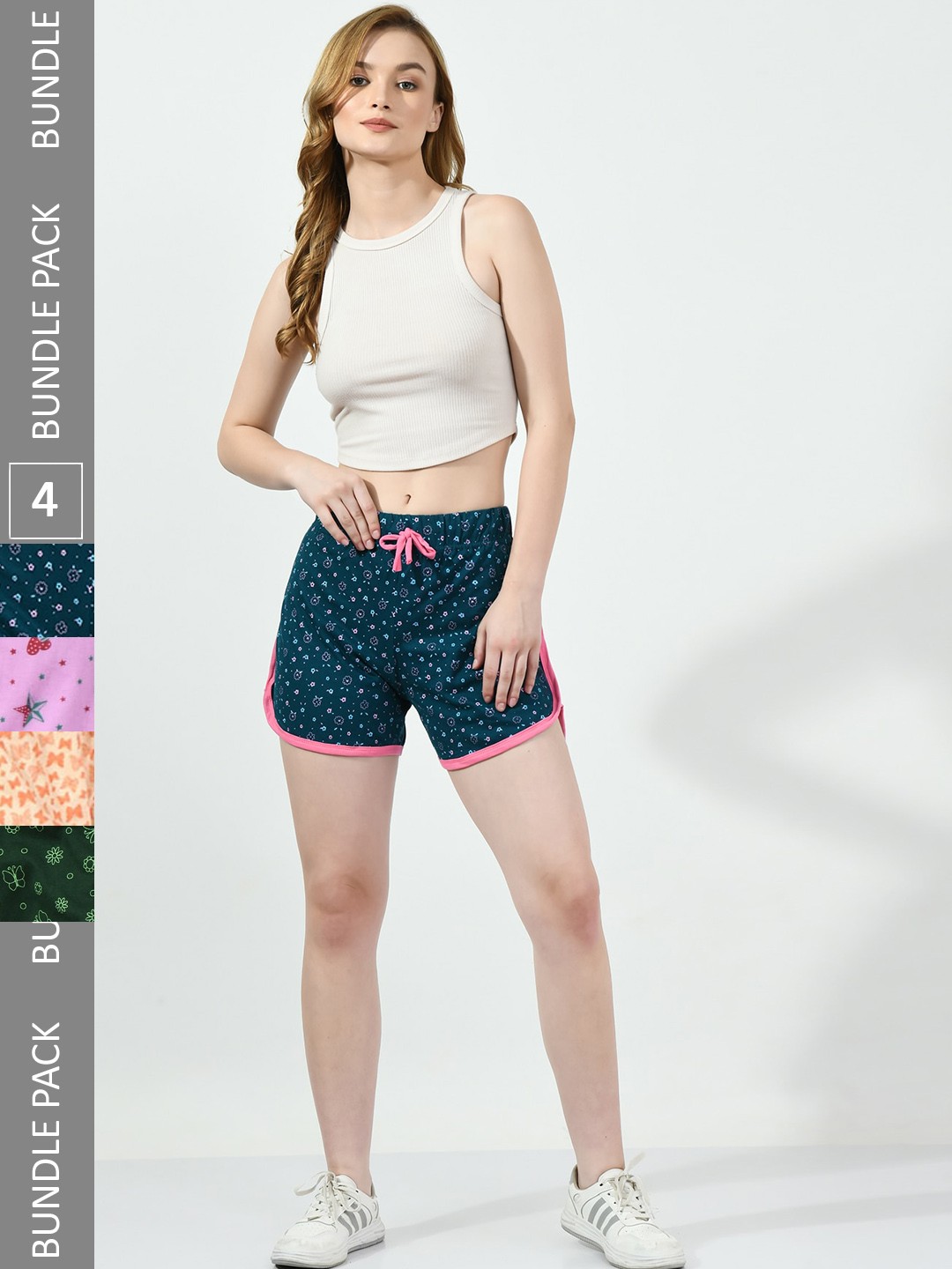 

BAESD Women Pack Of 4 Conversational Printed Pure Cotton High-Rise Shorts, Teal