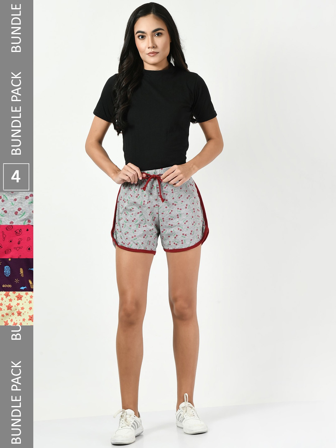 

BAESD Women Pack Of 4 Conversational Printed Pure Cotton High-Rise Shorts, Grey