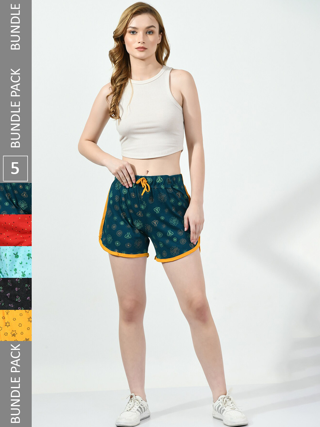 

BAESD Women Pack Of 5 Printed High-Rise Cotton Shorts, Green
