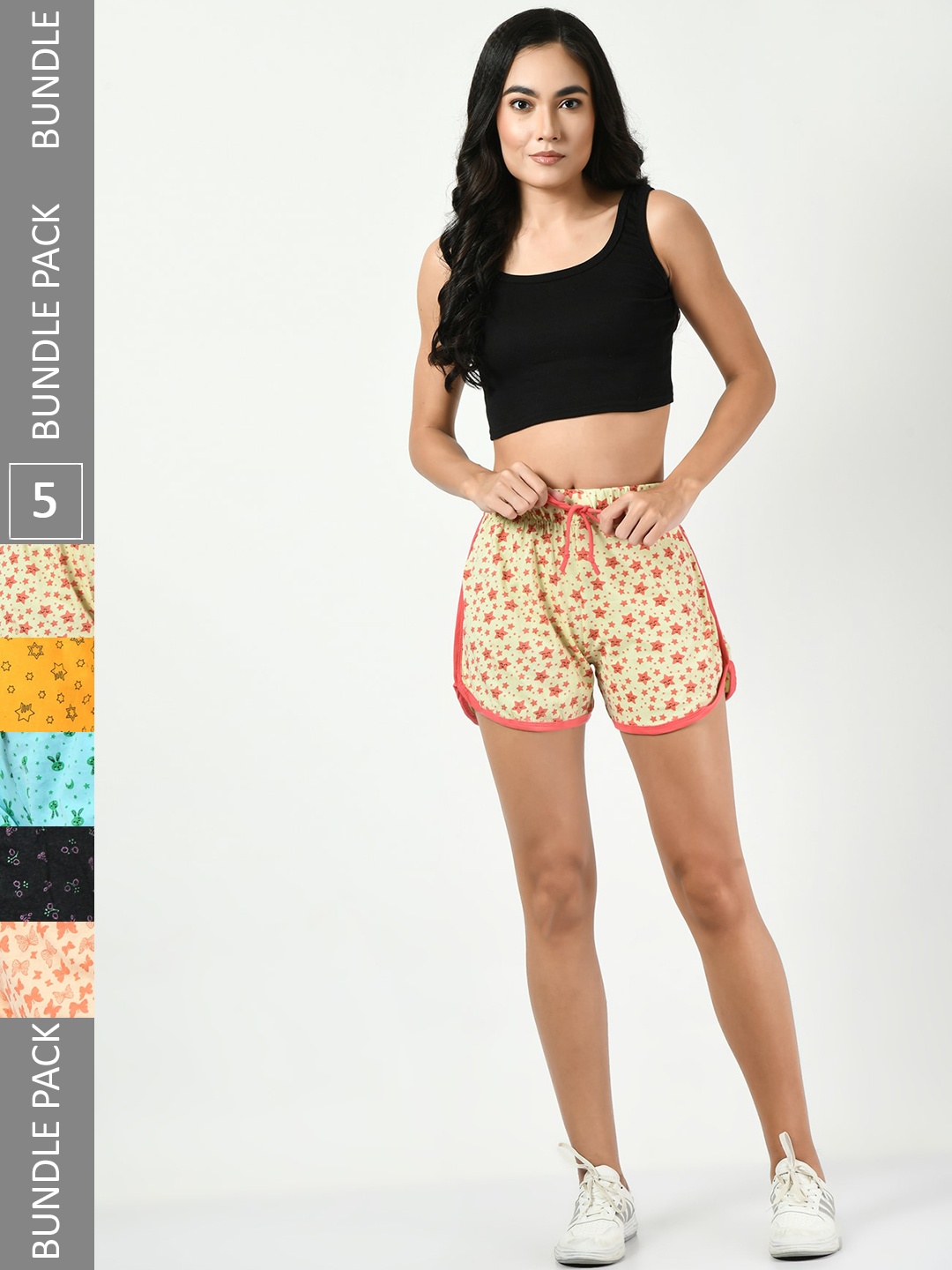 

BAESD Women Pack Of 5 Printed High-Rise Pure Cotton Shorts, Yellow