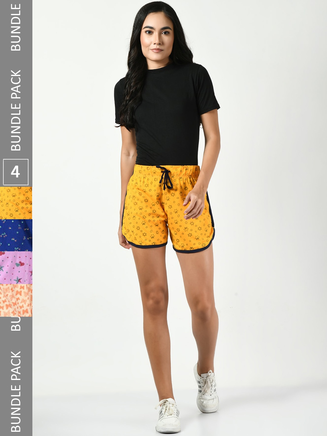 

BAESD Women Pack Of 4 Conversational Printed Pure Cotton High-Rise Shorts, Yellow